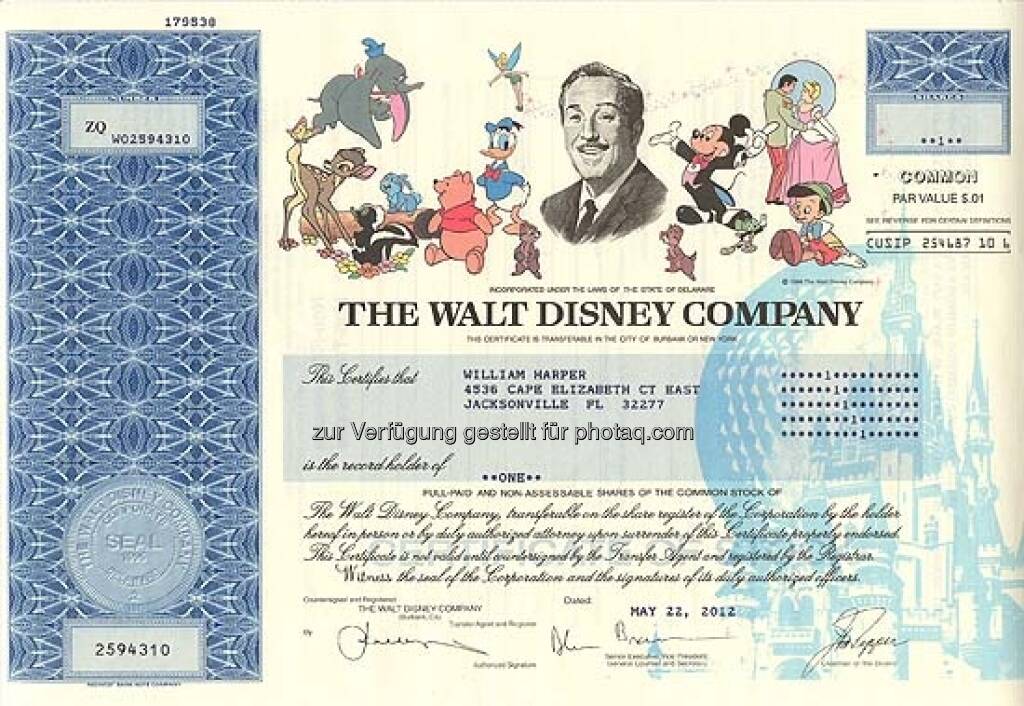 Walt Disney: Der Medienkonzern wurde 1923 von den Brüdern Walt und Roy Disney als Disney Brothers Cartoon Studio gegründet und verdankt seinen Erfolg Mickey Maus & Co. Seit 1986 nennt sich das Unternehmen The Walt Disney Company. Die ungültige Aktie stammt von 2012., ©  mit freundlicher Genehmigung von 365aktien.de (01.02.2013) 