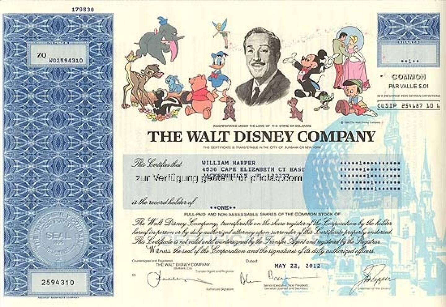 Walt Disney: Der Medienkonzern wurde 1923 von den Brüdern Walt und Roy Disney als Disney Brothers Cartoon Studio gegründet und verdankt seinen Erfolg Mickey Maus & Co. Seit 1986 nennt sich das Unternehmen The Walt Disney Company. Die ungültige Aktie stammt von 2012.