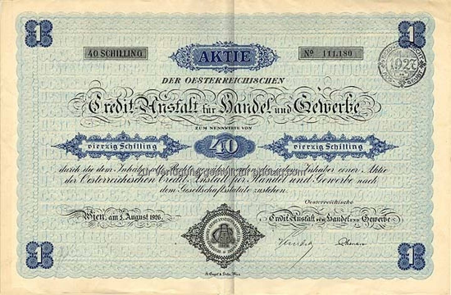 Österreichische Credit-Anstalt für Handel und Gewerbe: Die Bank ist ein Vorfahre der Bank Austria Creditanstalt. Sie wurde 1855 von Anselm Salomon Freiherr von Rothschild gegründet. Das historische Papier von 1926 lautet auf 40 Schilling und ist entwertet.
