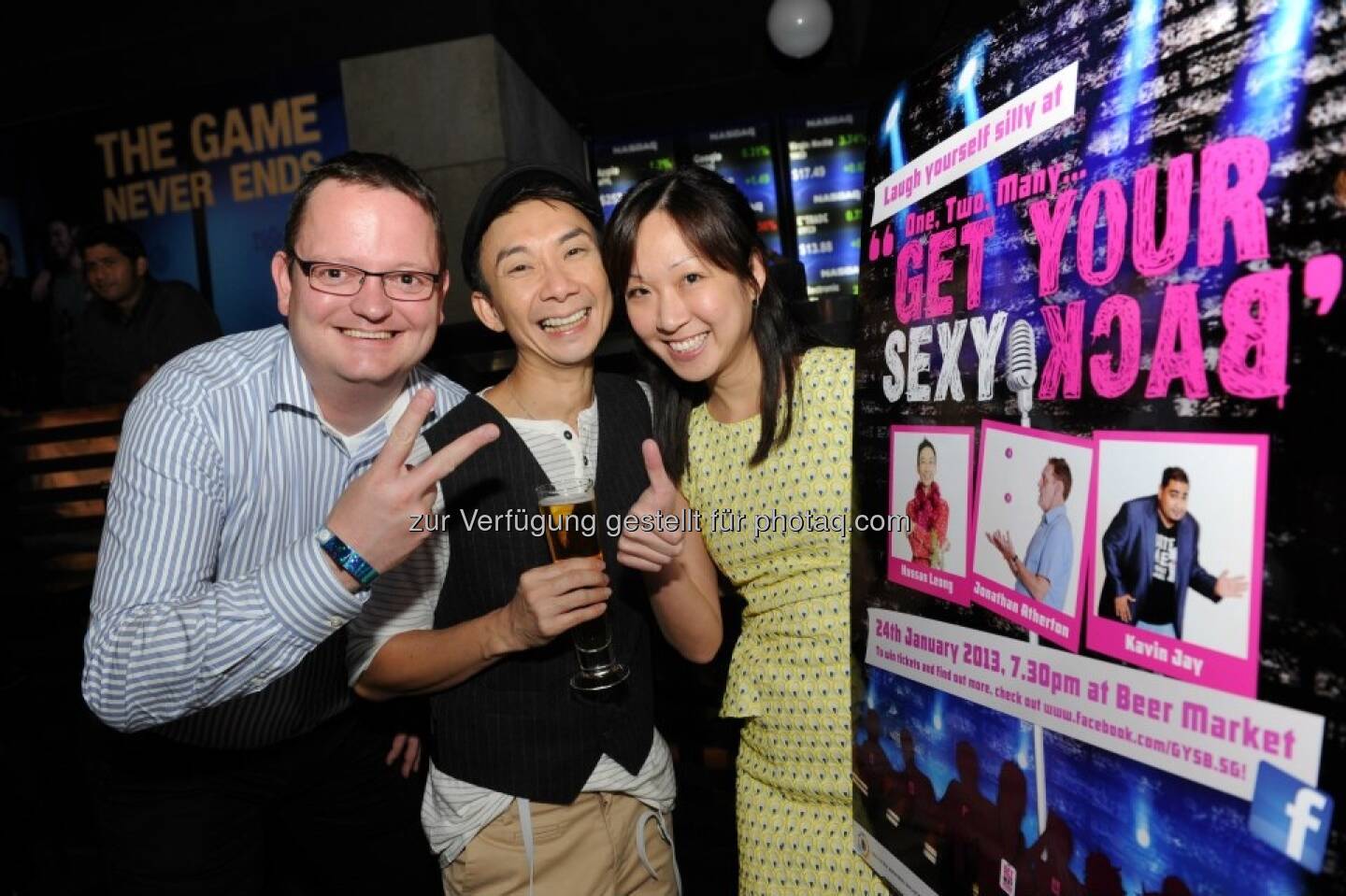 Michael Dickstein with stand-up comedian Hossan Leong and Corp Comms colleague Alina Boey 