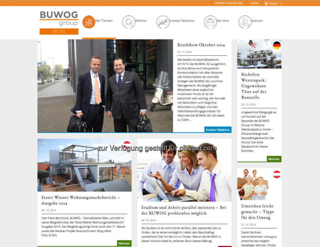 Die Buwog Group hat ihren Corporate Blog unter http://blog.buwog.com/ gestartet und erweitert damit ihr Kommunikationsangebot. Von der 1. ordentlichen Hauptversammlung wurde bereits live gebloggt. Auch ein Bericht über eine aktuelle Investoren-Roadshow der BUWOG AG in London, Amsterdam und Paris ist bereits online., © Aussender (04.11.2014) 