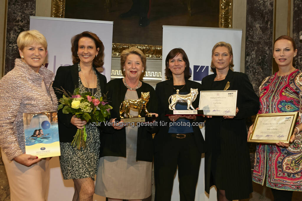 Maria Rauch-Kallat, Patricia Pawlicki, Ursula Stenzel, Eva Roither, Elisabeth Pechmann, Michaela Huber: Journalistinnenkongress: Gold für Rados, Silber für Roither von Ö1 - Die Medienlöwinnen wurden verliehen, © Aussender (05.11.2014) 