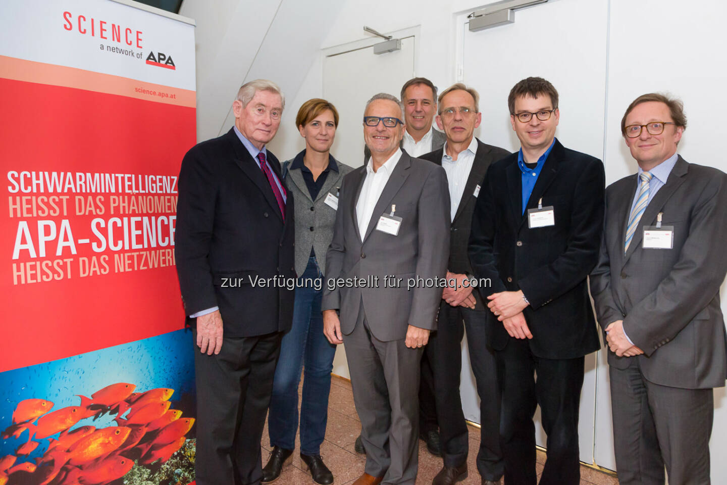 Hannes Androsch (Vorsitzender des Rates für Forschung und Technologieentwicklung), Sabine Ladstätter (Österreichisches Archäologisches Institut), Alois Saria (Medizinische Universität Innsbruck), Christian Müller (APA), Wolfgang Baumjohann (Institut für Weltraumforschung), Jochen Schieck (Institut für Hochenergiephysik) und Daniel Weselka (BMWfw): APA - Austria Presse Agentur: APA-Science Event: Großforschung - Manches kann nicht im Kleinen beantwortet werden