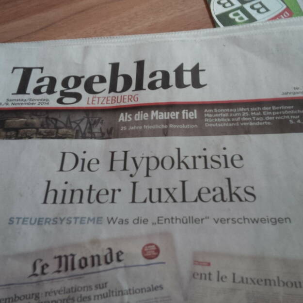 Hypo hinter LuxLeaks (Cover einer Luxemburger Tageszeitung), gesehen und fotografiert von Herbert Gmoser (08.11.2014) 