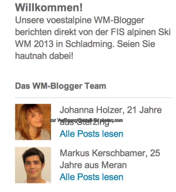 Vorstellung der alpinen WM-Blogger Johanna Holzer und Markus Kerschbamer (zwei Südtiroler), © <a href=