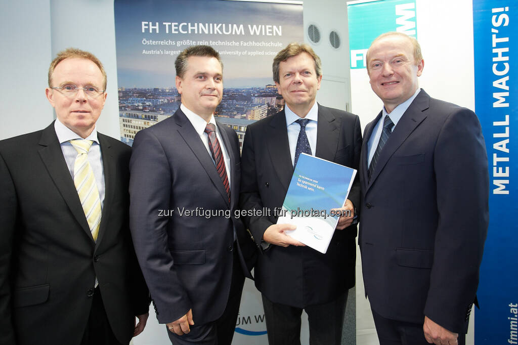 Fritz Schmöllebeck, Rektor der FH Technikum Wien, Harald Rankl, stv. Geschäftsführer FMMI, Lothar Roitner, Obmann FH Technikum Wien, Geschäftsführer FEEI -Fachverband der Elektro- und Elektronikindustrie und  Erich Markl, Studiengangsleiter Maschinenbau an der FH Technikum Wien: FH Technikum Wien startet 1. FH-Bachelor-Studiengang Maschinenbau in Wien praxisnahe, akademische Ausbildung am Puls der Wirtschaft, © Aussendung (11.11.2014) 