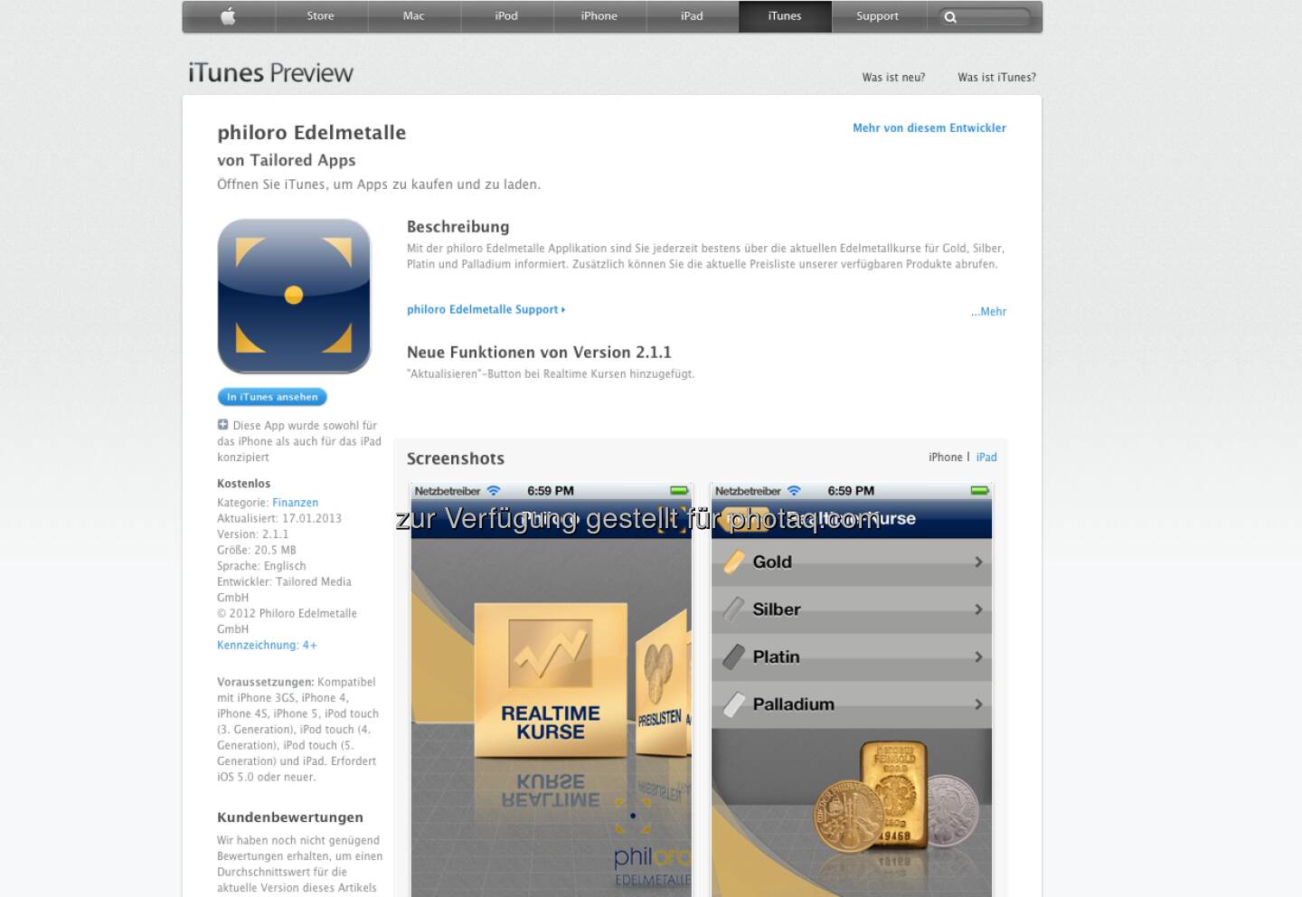 Die Philoro-App; mit tonnenweise Infos sowie Realtimekursen zu Gold; Silber & Co - https://itunes.apple.com/at/app/philoro-edelmetalle/id546382866?mt=8