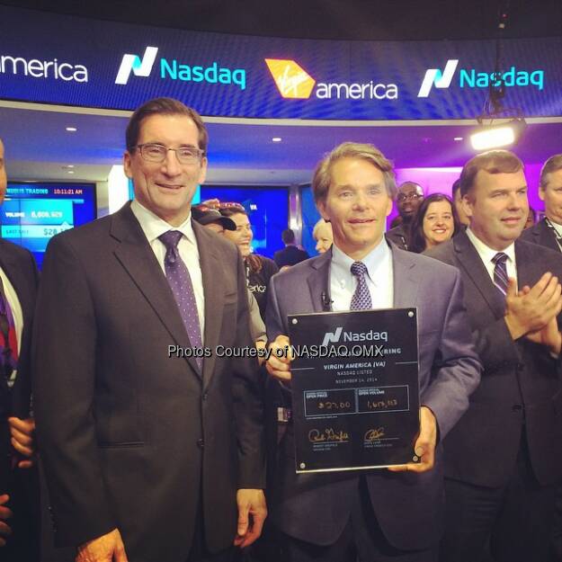 #Nasdaq's CEO Bob Greifeld and @Virginamerica's CEO David Cush celebrate the $VA #IPO with the ceremonial first trade certificate!  Source: http://facebook.com/NASDAQ (15.11.2014) 