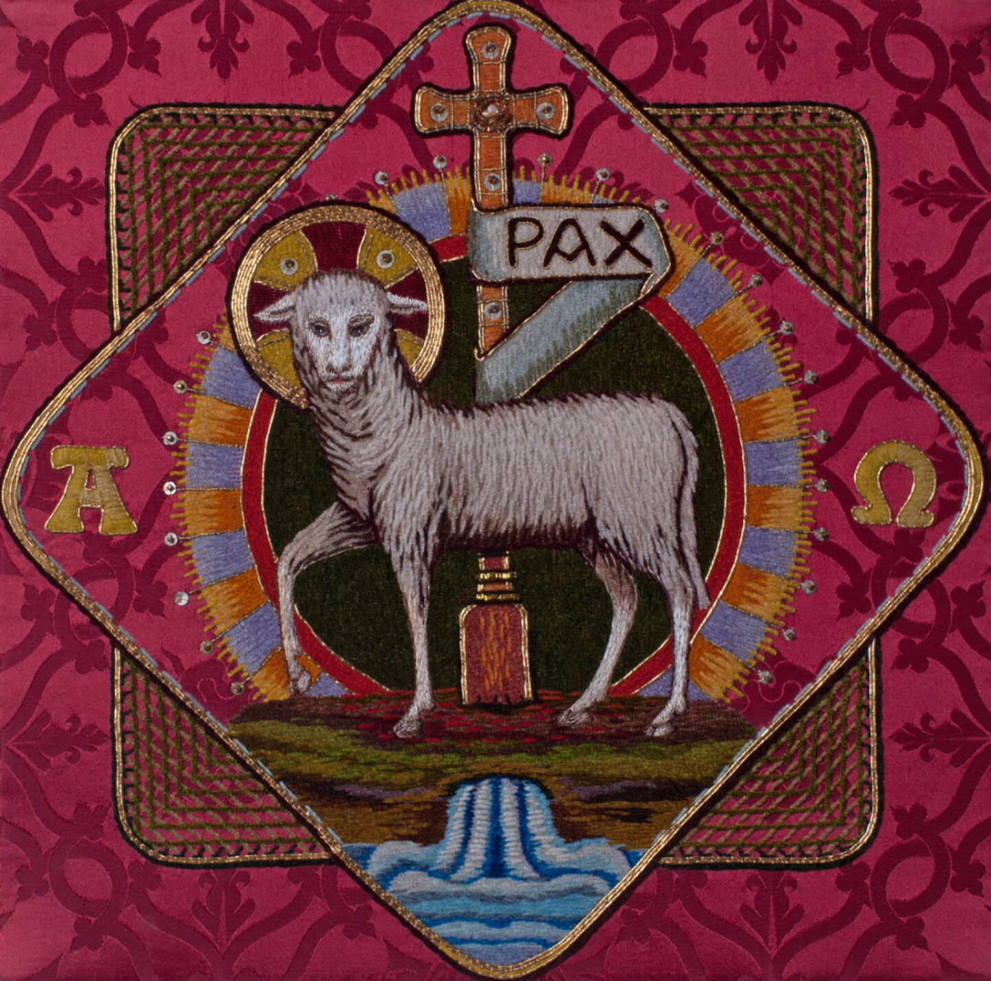 Pax, Friede, peace, Lamm, Schaf, http://www.shutterstock.com/de/pic-185473529/stock-photo-traditional-burse-with-hand-embroidered-lamb-of-god-easter-symbol-made-by-benedictine-sisters-in.html