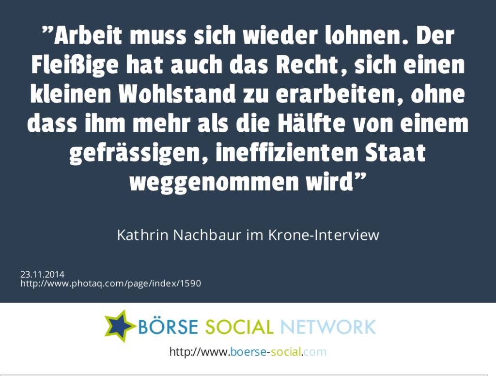 Arbeit muss sich wieder lohnen. Der Fleißige hat auch das Recht, sich einen kleinen Wohlstand zu erarbeiten, ohne dass ihm mehr als die Hälfte von einem gefrässigen, ineffizienten Staat weggenommen wird Kathrin Nachbaur im Krone-Interview (23.11.2014) 