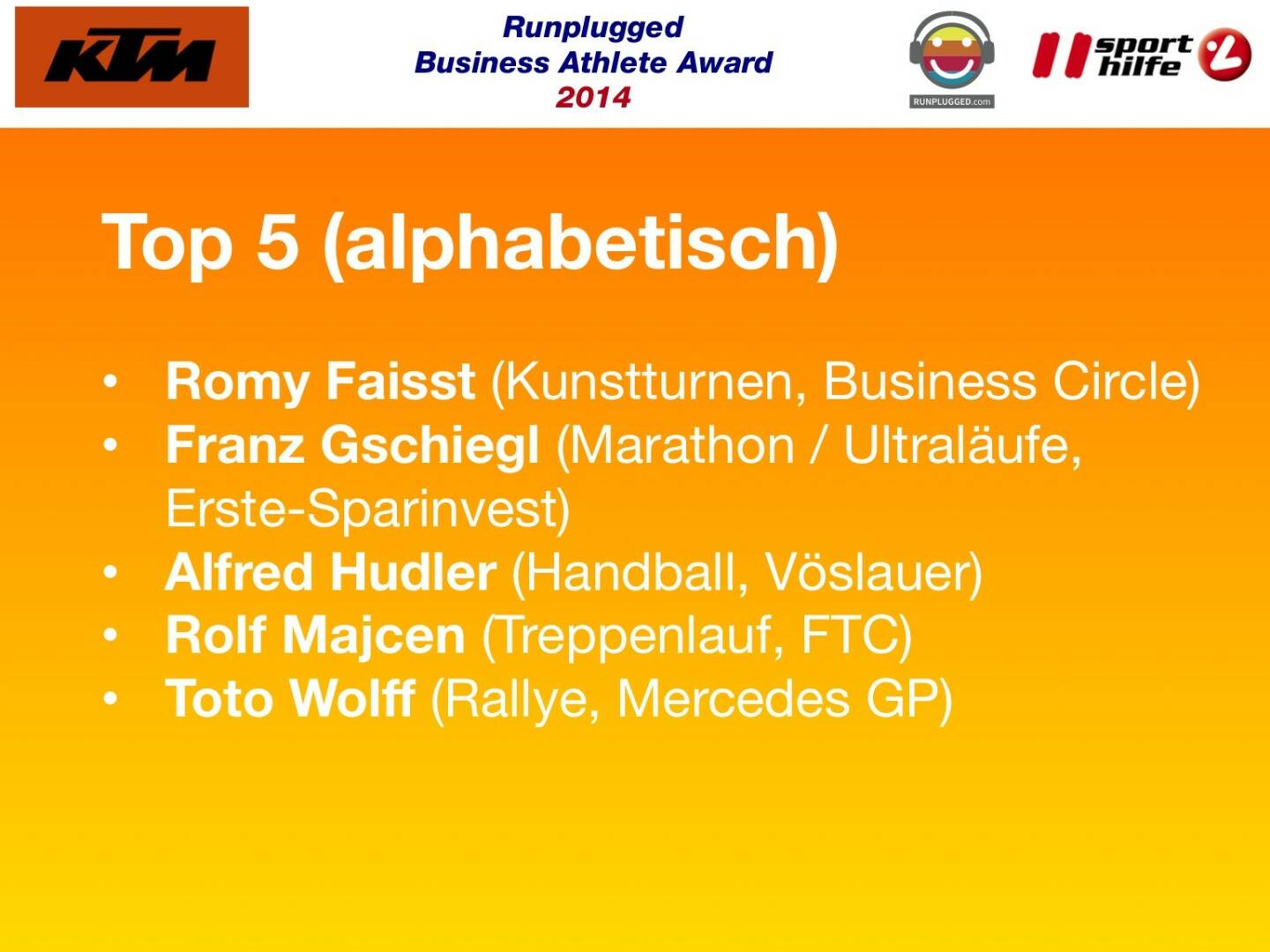 Top 5 (alphabetisch): Romy Faisst (Kunstturnen, Business Circle), Franz Gschiegl (Marathon / Ultraläufe, Erste-Sparinvest), Alfred Hudler (Handball, Vöslauer), Rolf Majcen (Treppenlauf, FTC), Toto Wolff (Rallye, Mercedes GP)