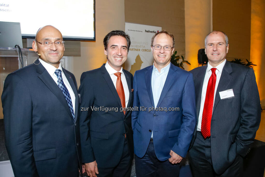 Alexander Neubauer, Leiter des Helvetia Partnervertriebs, Werner Panhauser, Vertriebsvorstand der Helvetia, Univ. Prof. Markus Hengstschläger und Otmar Bodner, CEO Helvetia Versicherungen Österreich: Helvetia Partner Cercle (04.12.2014) 