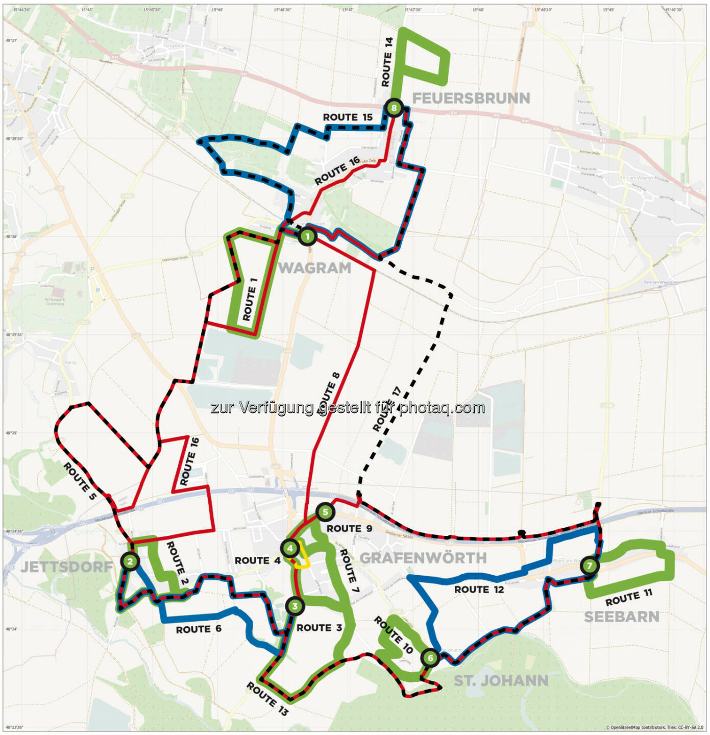 AIT Austrian Institute of Technology GmbH: Zukunftspreis Niederösterreich für Gesundheitsinitiative „Grafenwörth bewegt“. Laufparcours (Kartenbild): Die „grüne“ mit ca. 2 km Länge ist als „Ortsrunde“ gedacht. Die „blaue“ Strecke mit ca. 5 km Länge verbindet zwei Katastralgemeinden. Die „rote“ Strecke – sie misst über 10 km – verbindet drei Katastral-gemeinden. Allein die „schwarze“ Strecke stellt die „Gemeinderunde“ dar, sie führt durch alle Katastralgemeinden und ist gleichzeitig als Trainingsstrecke für Marathonläufer gedacht. Ihre 21,1 km entsprechen genau der Länge eines Halbmarathons. Zwei Routen wurden speziell für Bewohnerinnen und Bewohner des Sozialzentrums SeneCura konzipiert. Sie sind mit geringer Anstrengung – und auch von Rollstuhl-Benützern – zu bewältigen.