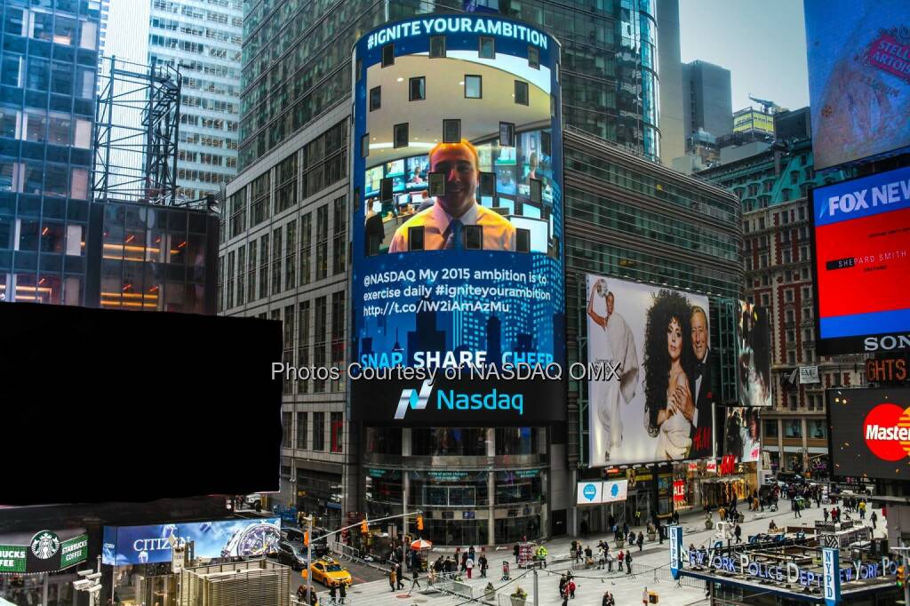 What's your 2015 ambition? Tell us & send a pic w/ #IgniteYourAmbition, your photo could light up the #Nasdaq Tower! http://spr.ly/6182vP5i  Source: http://facebook.com/NASDAQ (20.12.2014) 