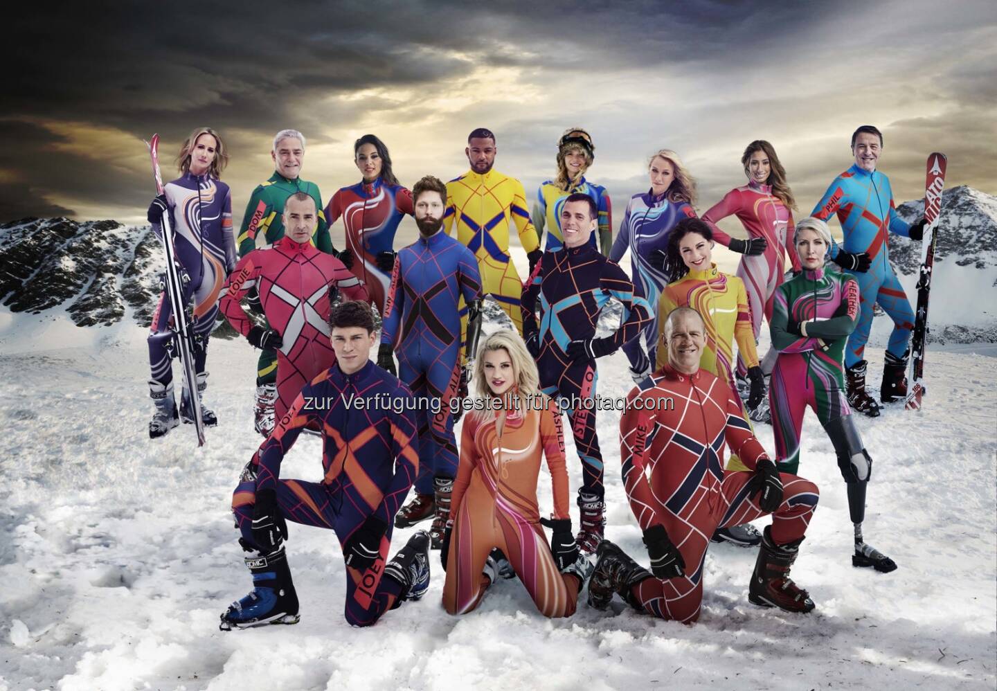 Lady Victoria Hervey, Dom Parker, Louise Hazel, JB Gill, Jodie Kidd, Chloe Madeley, Stacey Solomon, Phil Tufnell,  L-R: Louie Spence, Jon-Allan Butterworth, Steve-O; Louise Thompson, Heather Mills, L-R: Joey Essex, Ashley Roberts, Mike Tindall: The Jump - Channel 4 Wintersportwettbewerb mit zwei Liveshows im K&uuml;htai auf 2.020 Metern Seeh&ouml;he