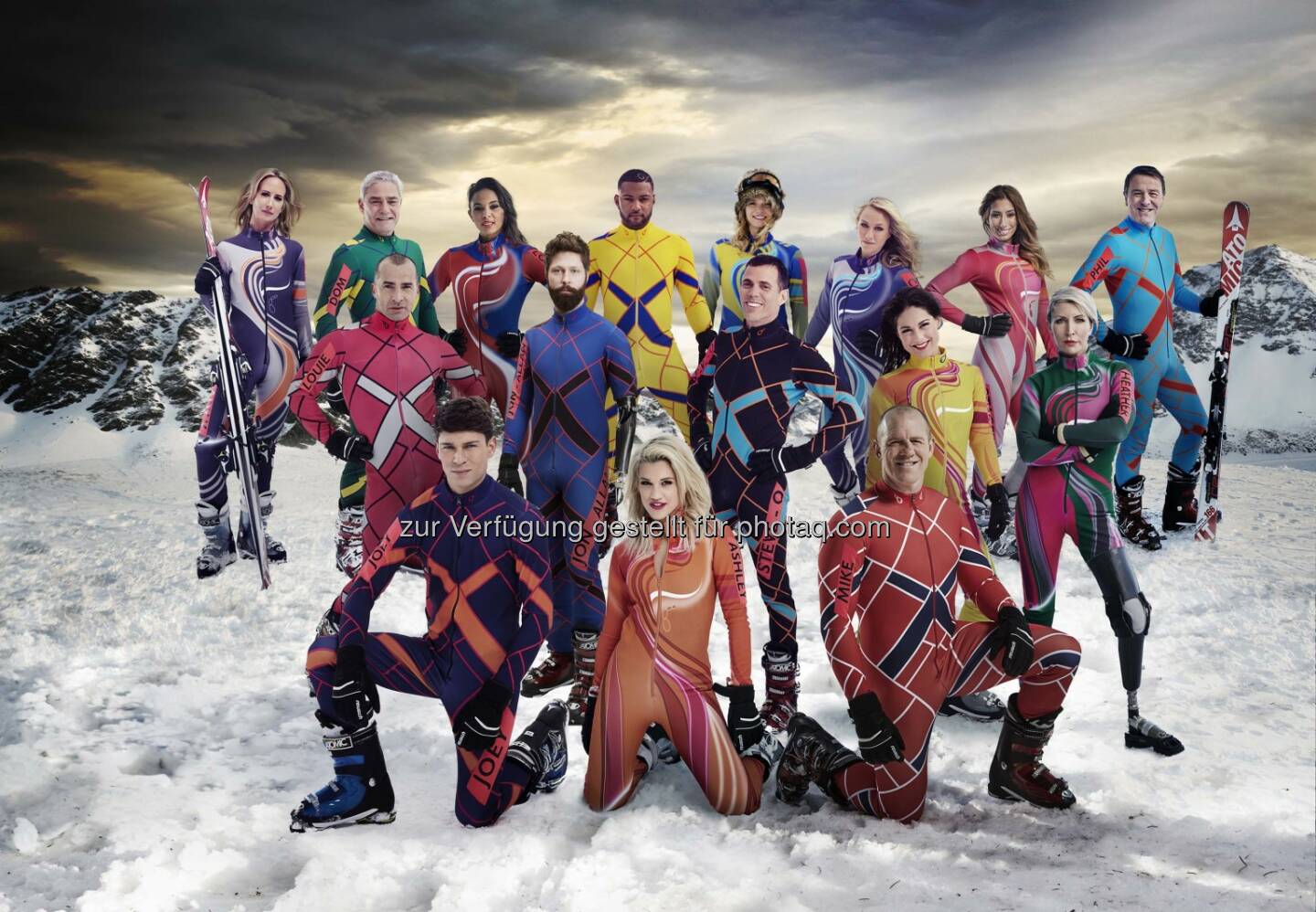 Lady Victoria Hervey, Dom Parker, Louise Hazel, JB Gill, Jodie Kidd, Chloe Madeley, Stacey Solomon, Phil Tufnell,  L-R: Louie Spence, Jon-Allan Butterworth, Steve-O; Louise Thompson, Heather Mills, L-R: Joey Essex, Ashley Roberts, Mike Tindall: The Jump - Channel 4 Wintersportwettbewerb mit zwei Liveshows im Kühtai auf 2.020 Metern Seehöhe