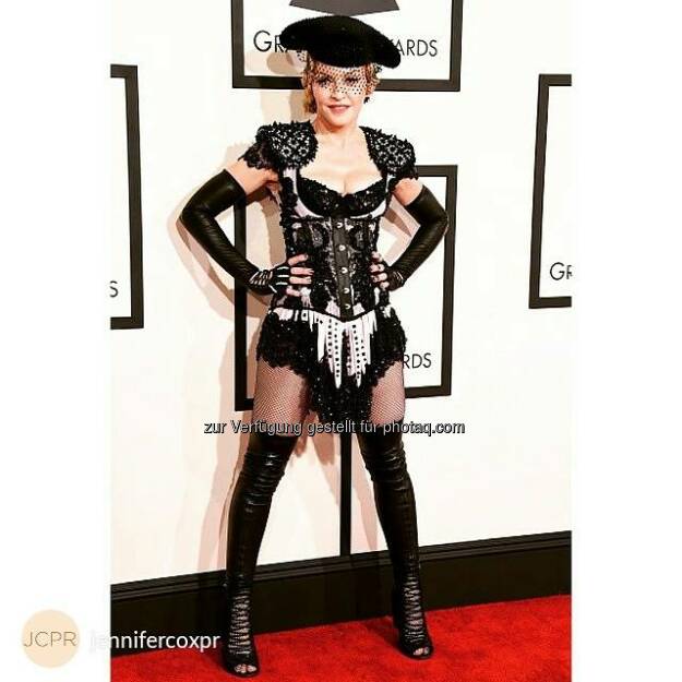 The one and only #Madonna in #Wolford Twenties Tights at the #Grammys. #jennifercoxpr #redcarpet  Source: http://facebook.com/WolfordFashion, © Aussender (09.02.2015) 