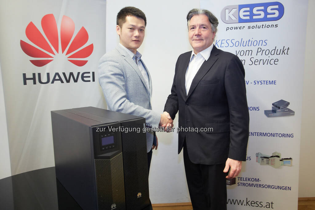 Jay Peng, Managing Director, Huawei Austria und Franz Kasyan, Geschäftsführer, Kess Power Solutions: Huawei Technologies Austria GmbH: Huawei steigt in Österreich in den USV-Markt ein, © Aussendung (19.02.2015) 