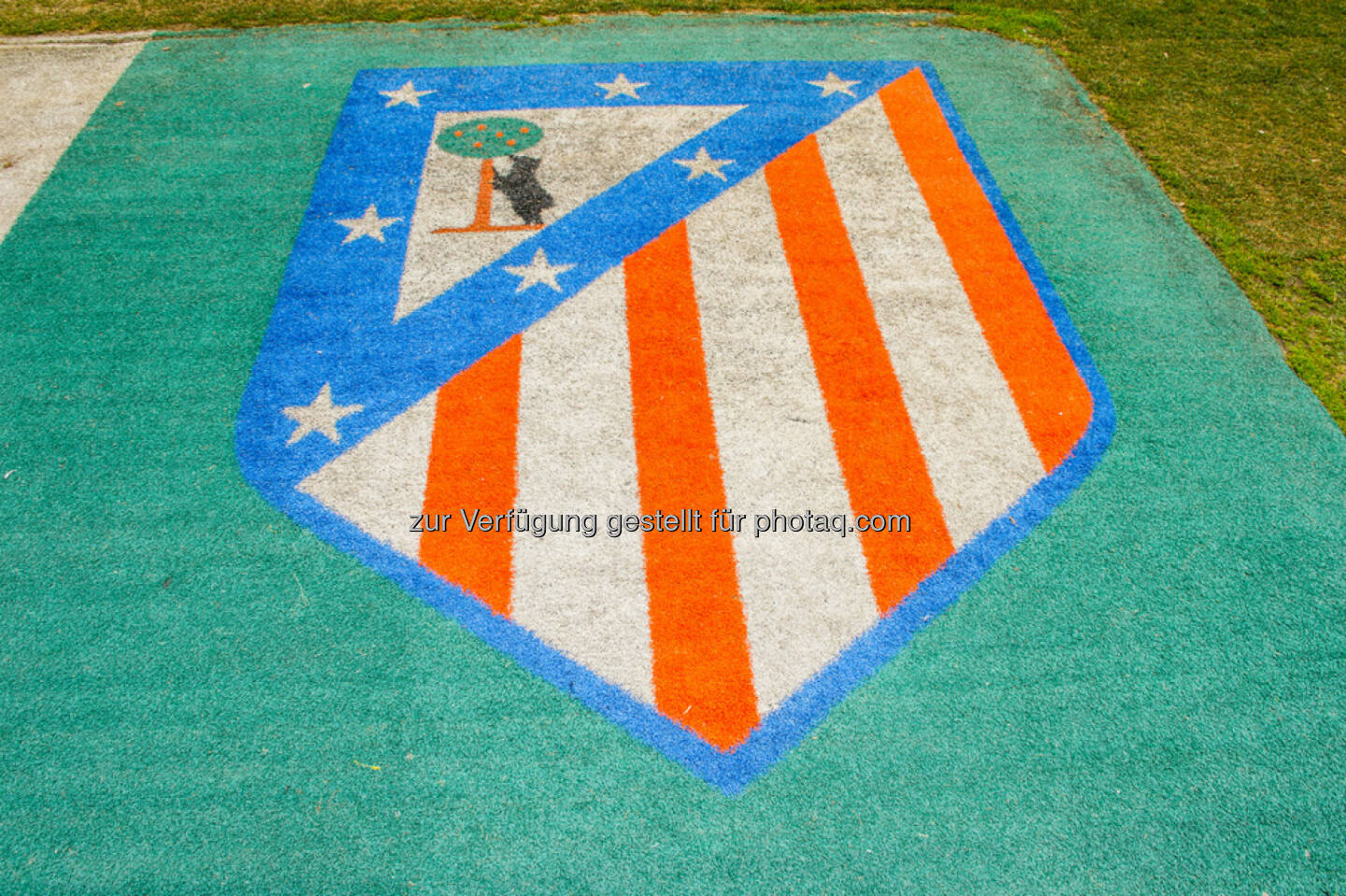 Atletico Madrid, Fussball, Logo, Emblem, Rasen, <a href=http://www.shutterstock.com/gallery-1070501p1.html?cr=00&pl=edit-00>Anton_Ivanov</a> / <a href=http://www.shutterstock.com/editorial?cr=00&pl=edit-00>Shutterstock.com</a>, Anton_Ivanov / Shutterstock.com