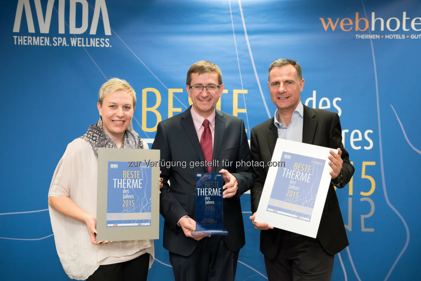2. Platz Karina Weinbacher/Allegria Familientherme Stegersbach by Reiters, 1. Platz Markus Achleitner/Eurotherme Bad Schallerbach und 3. Platz Siegfried Feldbaumer/Parktherme Bad Radkersburg: Rottenschlager Consulting + PR GmbH: Beste Therme des Jahres 2015