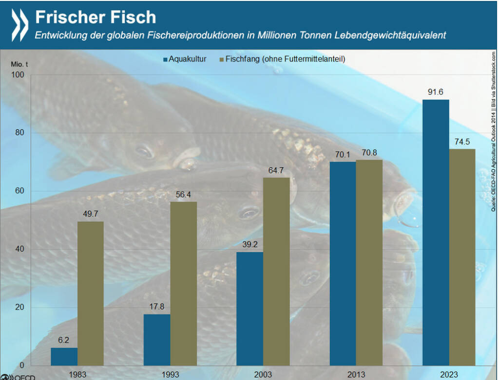 Fisch gepflückt: Seit den 80er Jahren liefert die Aquakultur nennenswerte Mengen von Fisch und Meeresfrüchten. Inzwischen stammt die Hälfte des Speisefischs weltweit aus der Zucht. Die Branche wächst schneller als die meisten anderen Nahrungsmittelsektoren.
Mehr Infos zur aktuellen Fischereiproduktion und Projektionen für die kommenden Jahre liefert: http://bit.ly/1Dyq3BB (S.193f.) ‪#‎Freitag‬ ‪#‎Fischtag, © OECD (02.03.2015) 