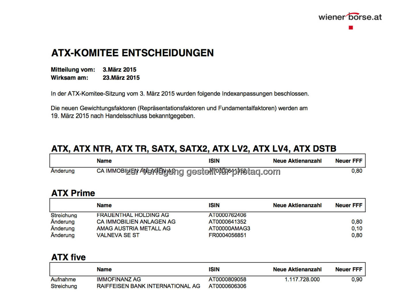 ATX-Komitee Entscheidungen 3. März (Auszug): Immofinanz statt RBI im ATX-Five © Wiener Börse