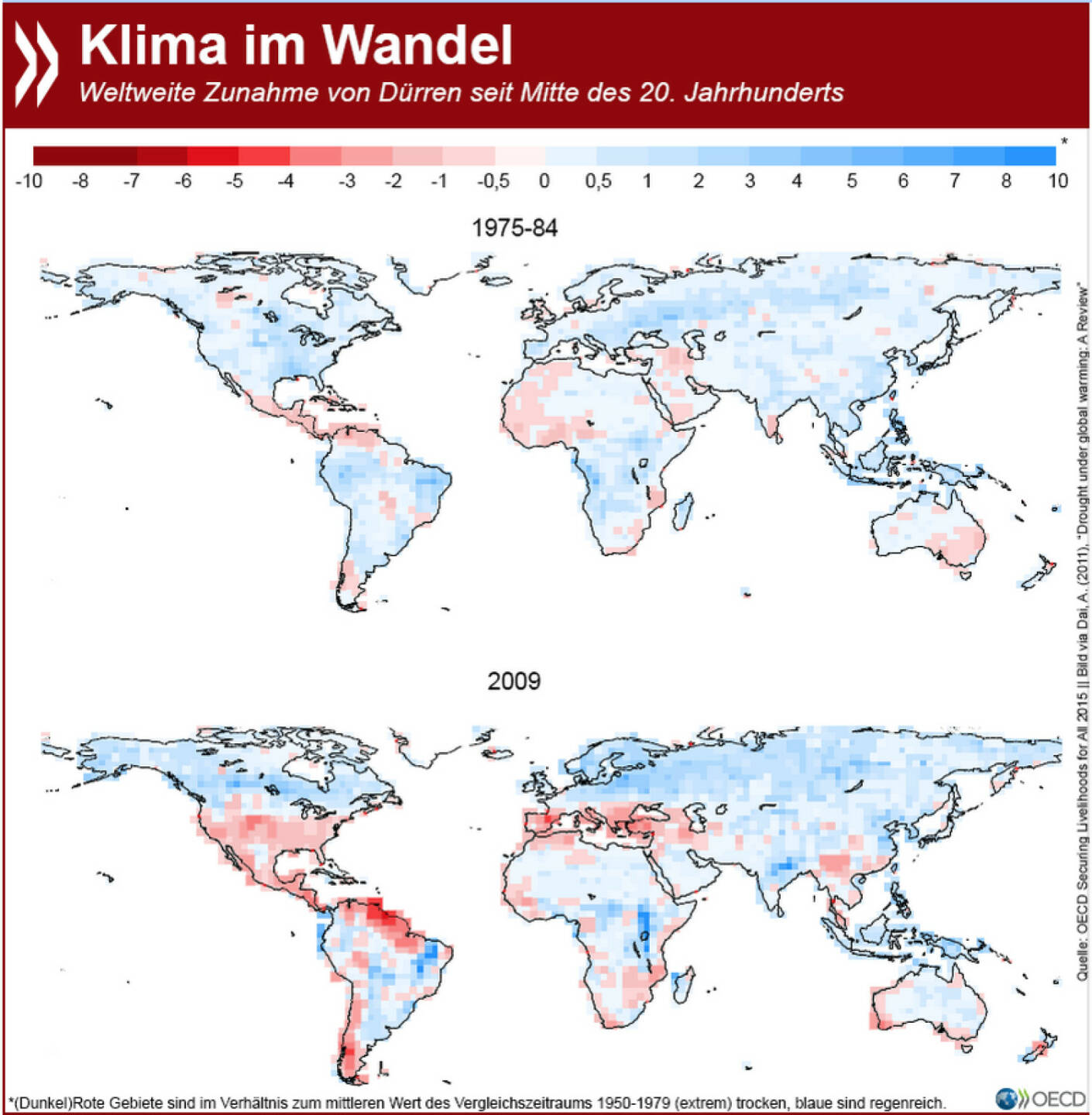 Aufsteigende Hitze: Die steigende Anzahl von Dürren ist eine der sichtbarsten Auswirkungen des Klimawandels. Extreme Trockenperioden kommen inzwischen auch immer weiter nördlich vor. In Szenarios für 2030 sind fast die ganze USA und weite Teile West- und Mitteleuropas betroffen.
Weitere Herausforderungen unserer globalisierten Welt findet Ihr unter: http://bit.ly/1GhBy1t (S.20f.)
