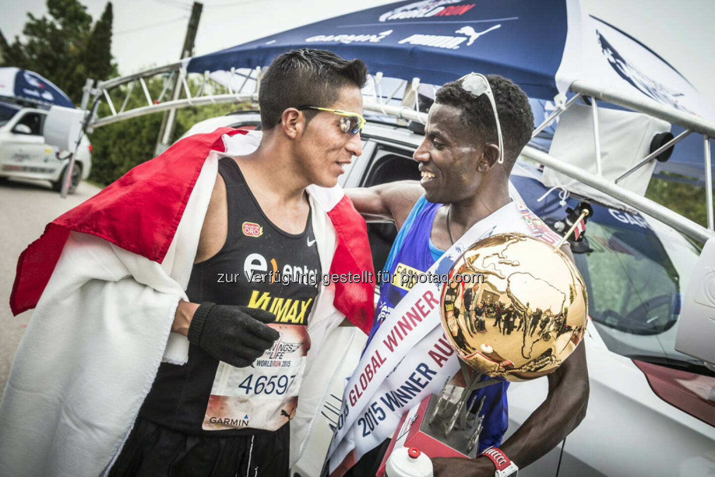 Remigio Huaman congrats  winner Lemawork Ketema after  the Wings for Life World Run in St. Poelten, Austria on May 3rd, 2015. // Philip Platzer for Wings for Life World Run // Please go to www.redbullcontentpool.com for further information. // 