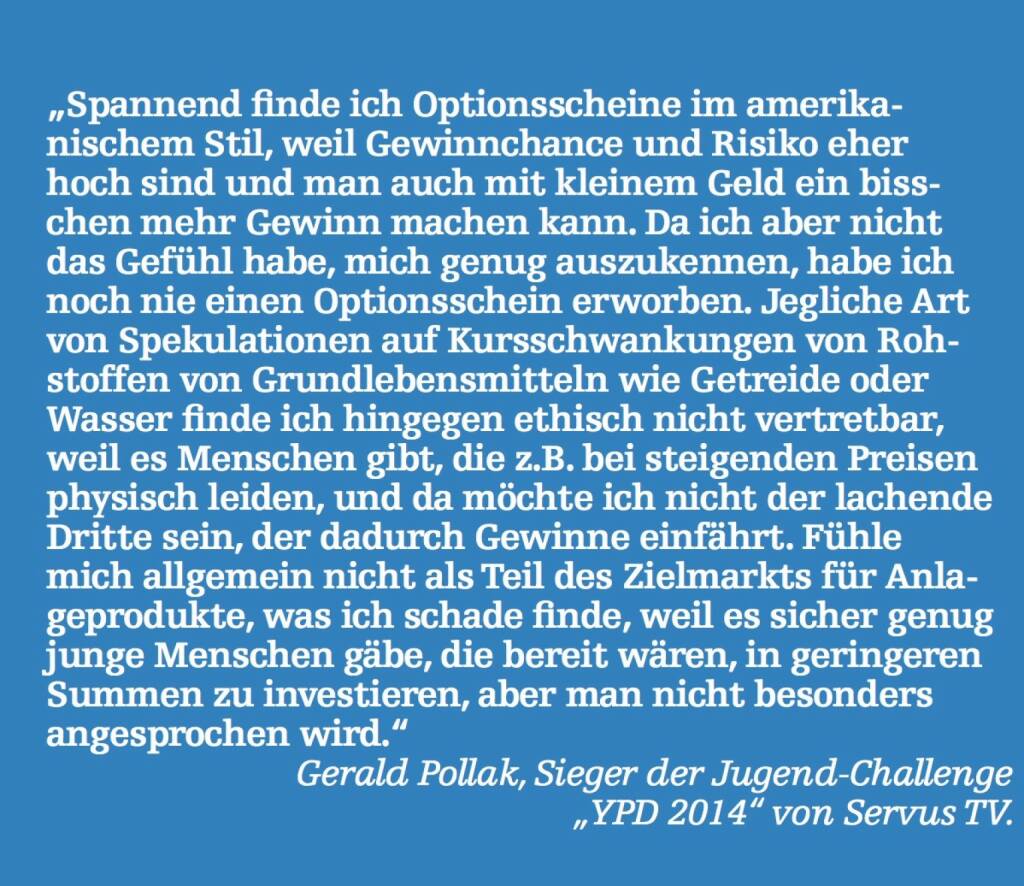 Gerald Pollak, Sieger der Jugend-Challenge „YPD 2014“ von Servus TV. (07.05.2015) 
