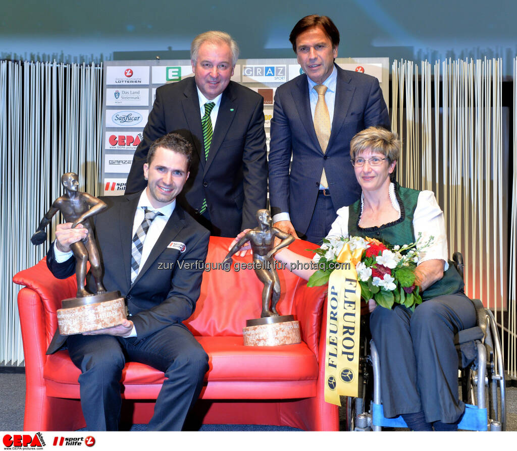 Deputy governor Hermann Schuetzenhoefer, governor Franz Voves, disabled athlete of the year Christoph Lebelhuber (AUT) and disabled athlete of the year Heike Koller (AUT). 
Photo: Gepapictures/ Michael Riedler, © Gepa (08.05.2015) 