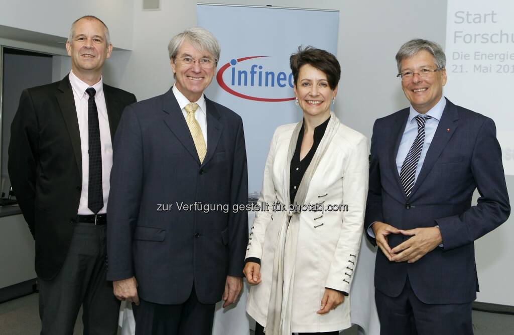 Herbert Pairitsch (Infineon),  Andreas Wild (Ecsel), Sabine Herlitschka (Infineon) und LH Peter Kaiser: Infineon Technologies Austria AG: Die Energiesparchips der Zukunft: Europäisches Forschungsprojekt PowerBase startet unter Leitung von Infineon Austria, © Aussendung (21.05.2015) 