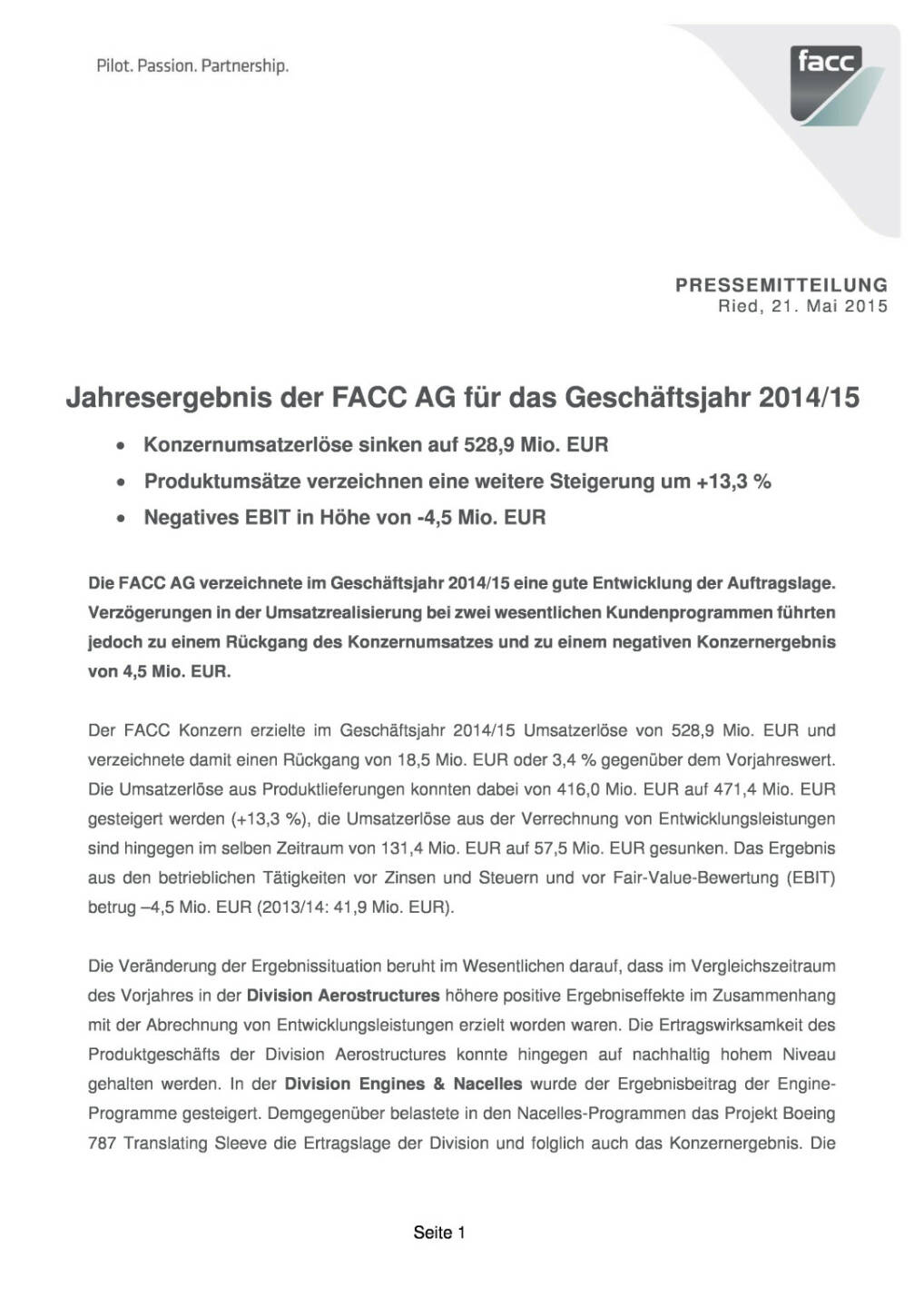 FACC 2014/15 mit Auftragsschub - Verzögerungen sorgen aber für Umsatzminus und negatives Ergebnis, Seite 1/3, komplettes Dokument unter http://boerse-social.com/static/uploads/file_8_facc_201415.pdf