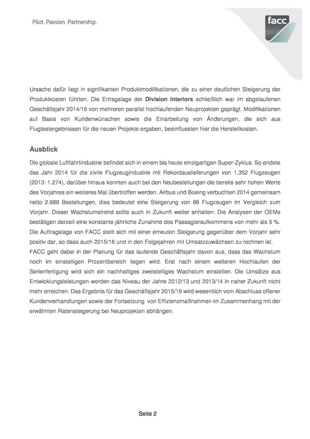 FACC 2014/15 mit Auftragsschub - Verzögerungen sorgen aber für Umsatzminus und negatives Ergebnis, Seite 2/3, komplettes Dokument unter http://boerse-social.com/static/uploads/file_8_facc_201415.pdf