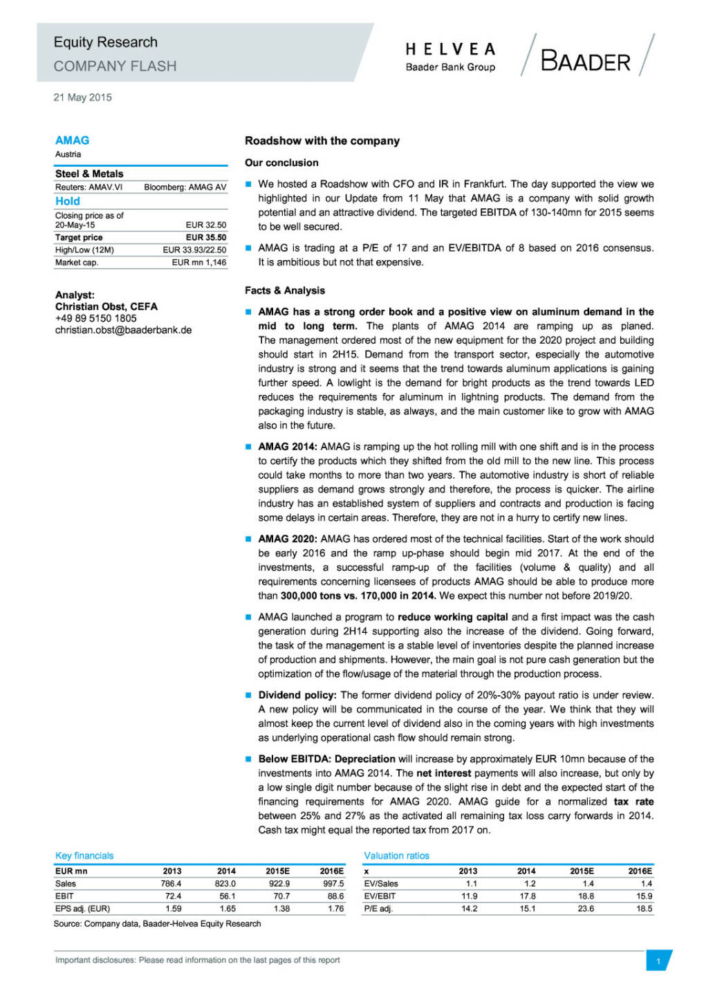 Baader sieht Amag-Guidance gut abgesichert; Ziel 35 Euro, Seite 1/3, komplettes Dokument unter http://boerse-social.com/static/uploads/file_7_baader_research_amag.pdf