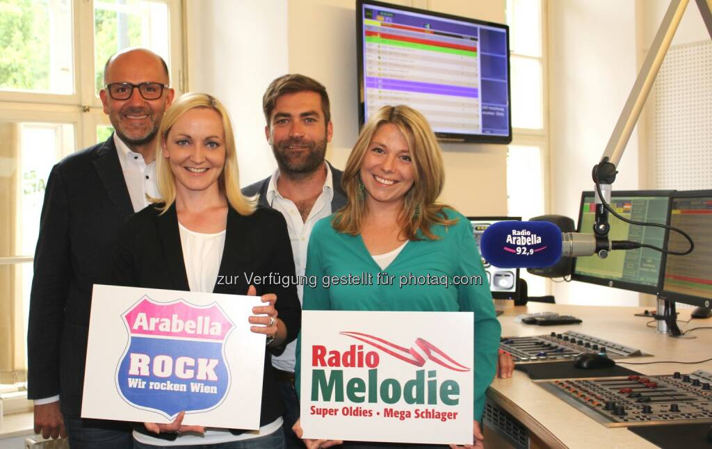 Geschäftsführer Wolfgang Struber, Leitung Promotion & Event Birgit Mahr, Programmchef Ralph Waldhauser, Verkaufsleitung Beate Österreicher: Radio Arabella: Arabella Rock und Radio Melodie – die neuen digitalen Musikradios für Wien, © Aussender (26.05.2015) 