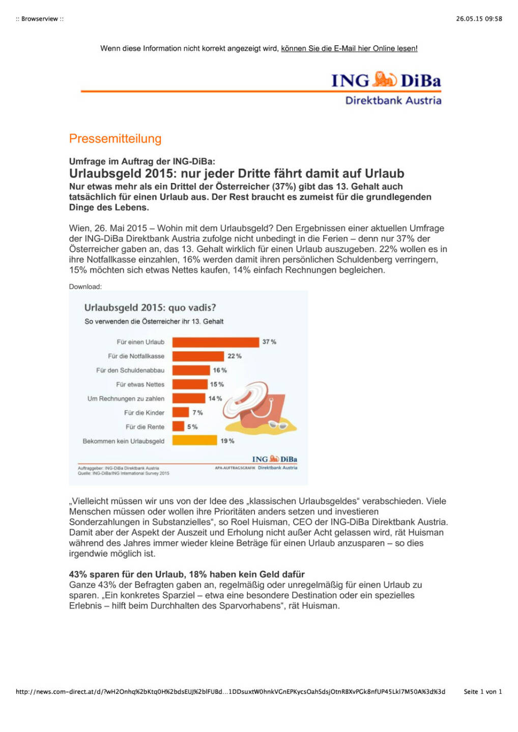 Urlaubsgeld 2015: Nur jeder Dritte fährt damit auf Urlaub (ING-DiBa), Seite 1/1, komplettes Dokument unter http://boerse-social.com/static/uploads/file_21_ing_diba_urlaub.pdf