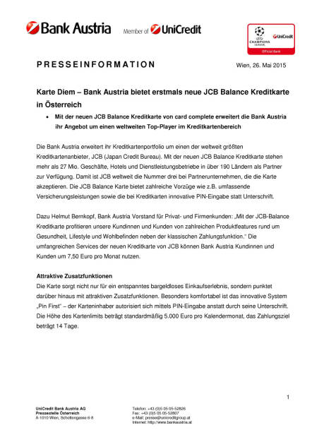 Karte Diem – Bank Austria mit JCB Balance Kreditkarte in Österreich, Seite 1/2, komplettes Dokument unter http://boerse-social.com/static/uploads/file_22_bank_austria_karte_diem.pdf (26.05.2015) 