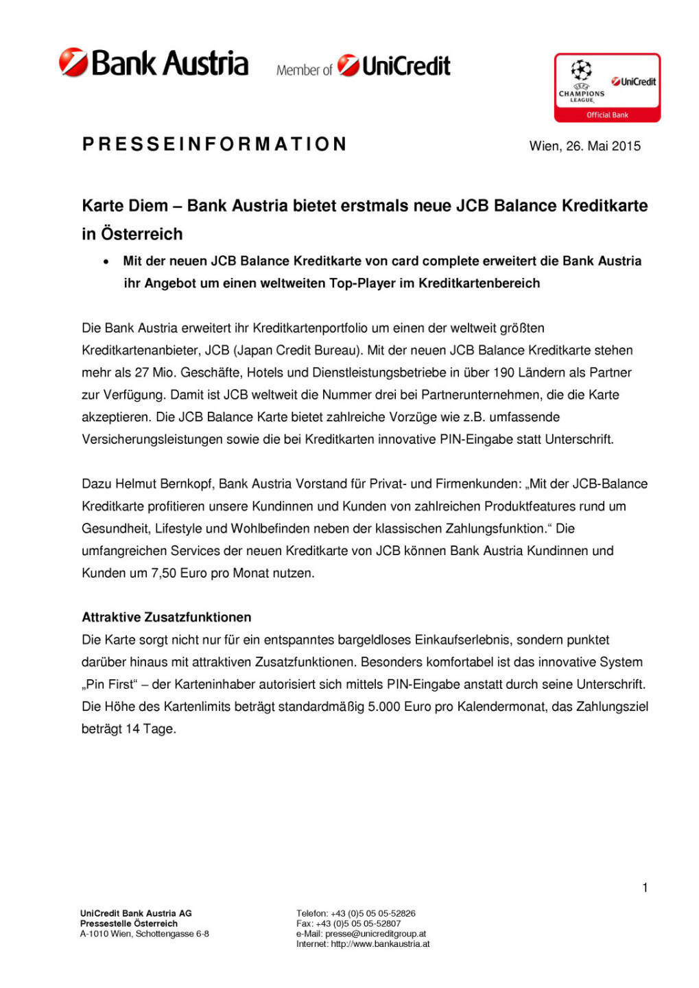 Karte Diem – Bank Austria mit JCB Balance Kreditkarte in Österreich, Seite 1/2, komplettes Dokument unter http://boerse-social.com/static/uploads/file_22_bank_austria_karte_diem.pdf