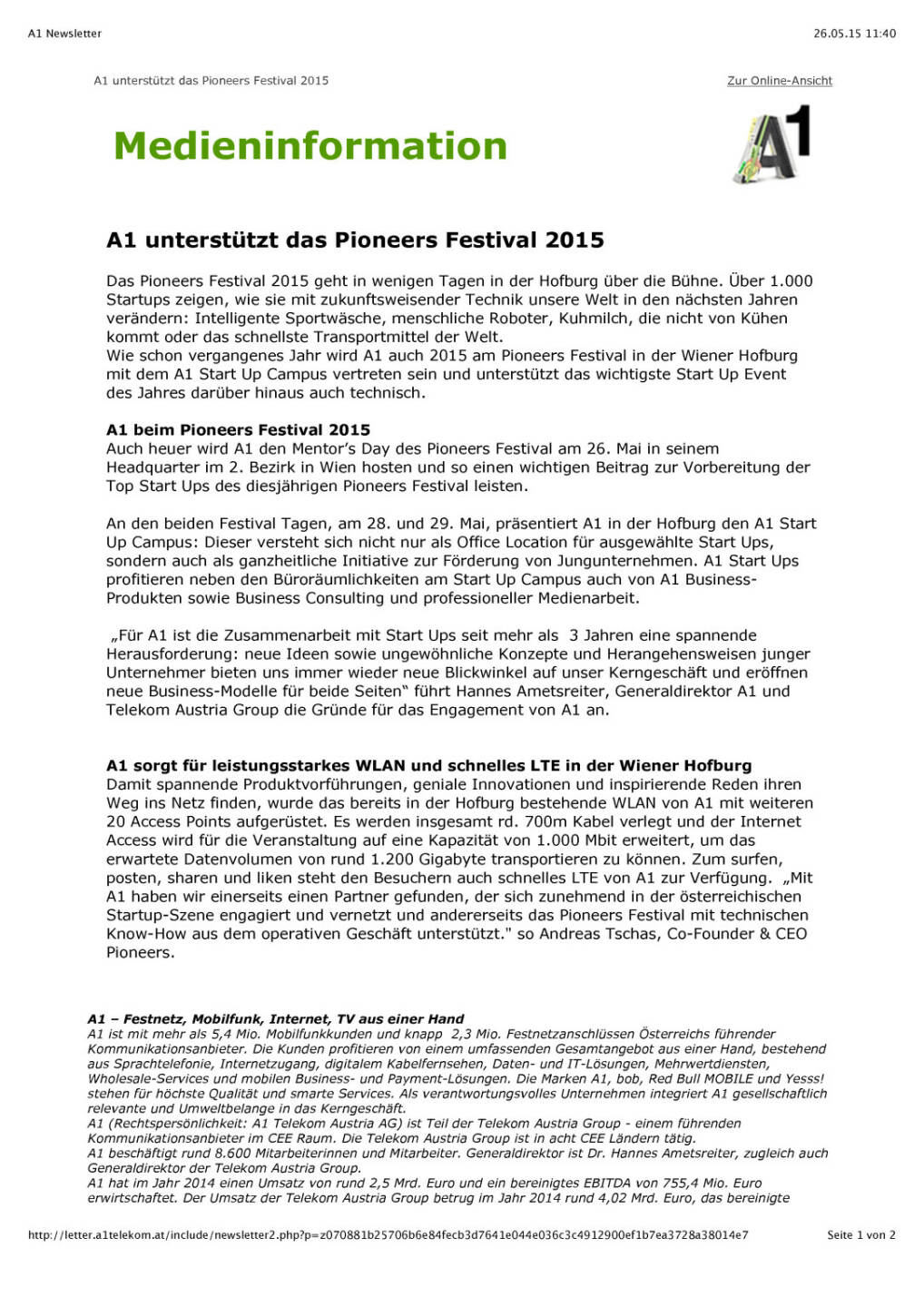 A1-Info zum Pioneers Festival, Seite 1/2, komplettes Dokument unter http://boerse-social.com/static/uploads/file_23_a1_pioneers_festival.pdf