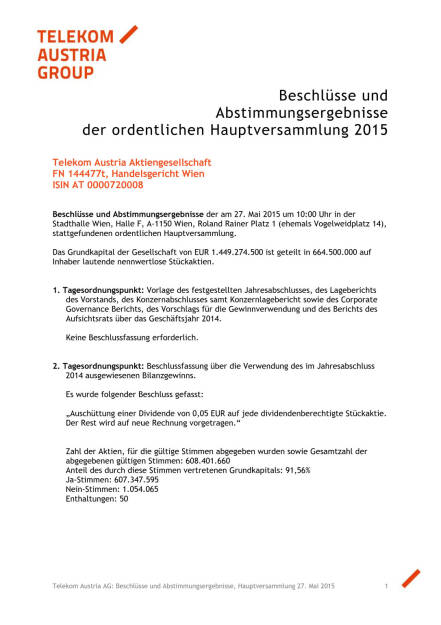 Telekom HV: Beschlüsse, Seite 1/4, komplettes Dokument unter http://boerse-social.com/static/uploads/file_31_telekom_austria_hv.pdf (27.05.2015) 
