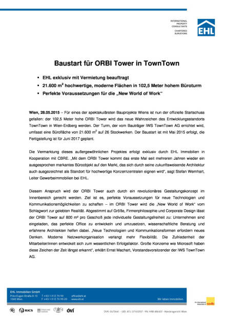 EHL: Baustart für Orbi Tower in TownTown, Seite 1/2, komplettes Dokument unter http://boerse-social.com/static/uploads/file_39_ehl_orbi.pdf (28.05.2015) 