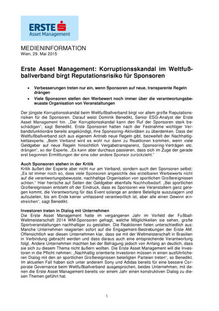 Erste Asset Management: Korruptionsskandal im Weltfußballverband birgt Reputationsrisiko für Sponsoren, Seite 1/2, komplettes Dokument unter http://boerse-social.com/static/uploads/file_49_eam_fussball.pdf (29.05.2015) 