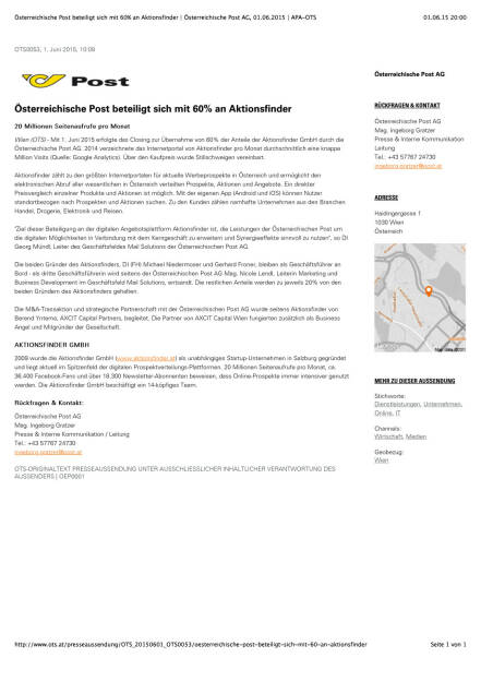 Österreichische Post beteiligt sich mit 60% an Aktionsfinder, Seite 1/1, komplettes Dokument unter http://boerse-social.com/static/uploads/file_58_post_aktionsfinder.pdf (01.06.2015) 