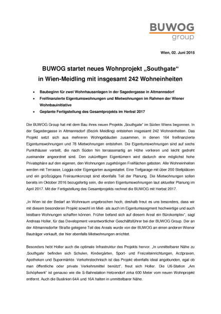 Buwog mit Baubeginn des neuen Wohnprojekts „Southgate“ in Wien-Meidling, Seite 1/2, komplettes Dokument unter http://boerse-social.com/static/uploads/file_62_buwog_southgate.pdf (02.06.2015) 