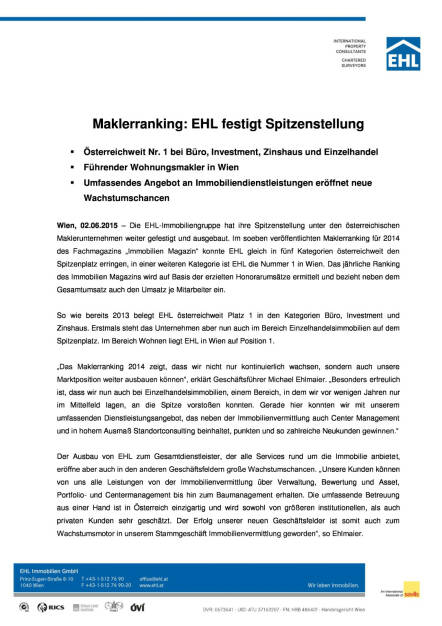 EHL: Österreichweit Nr. 1 bei Büro, Investment, Zinshaus und Einzelhandel, Seite 1/3, komplettes Dokument unter http://boerse-social.com/static/uploads/file_66_ehl_makler.pdf (02.06.2015) 