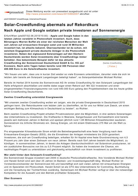 Sonneninvest: Solar-Crowdfunding abermals auf Rekordkurs, Seite 1/2, komplettes Dokument unter http://boerse-social.com/static/uploads/file_65_sonneninvest.pdf (02.06.2015) 