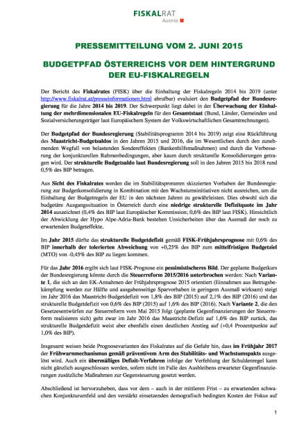Fiskalrat: Budgetpfad Österreichs vor dem Hintergrund der EU-Fiskalregeln, Seite 1/2, komplettes Dokument unter http://boerse-social.com/static/uploads/file_69_fiskalrat_budgetpfad.pdf (02.06.2015) 