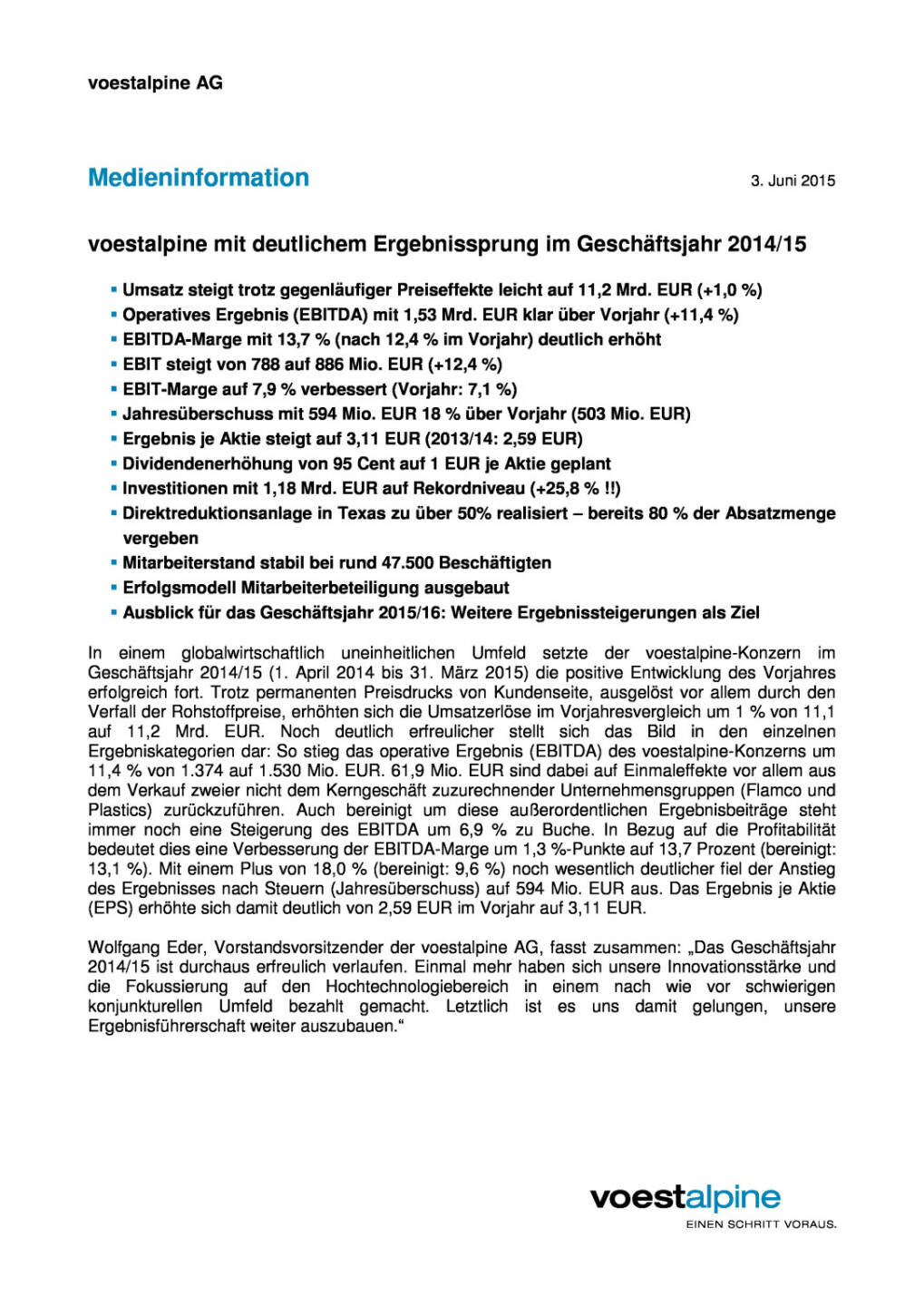 voestalpine mit deutlichem Ergebnissprung im Geschäftsjahr 2014/15, Seite 1/6, komplettes Dokument unter http://boerse-social.com/static/uploads/file_74_voestalpine_gj_201415.pdf