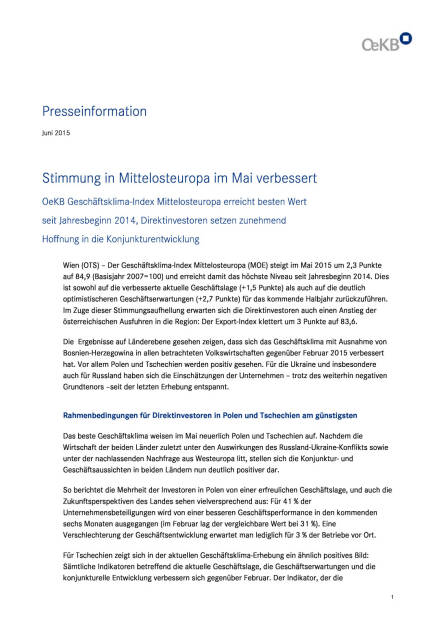 OeKB Geschäftsklima-Index Mittelosteuropa, Seite 1/4, komplettes Dokument unter http://boerse-social.com/static/uploads/file_76_oekb_geschaftsklima-index.pdf (03.06.2015) 