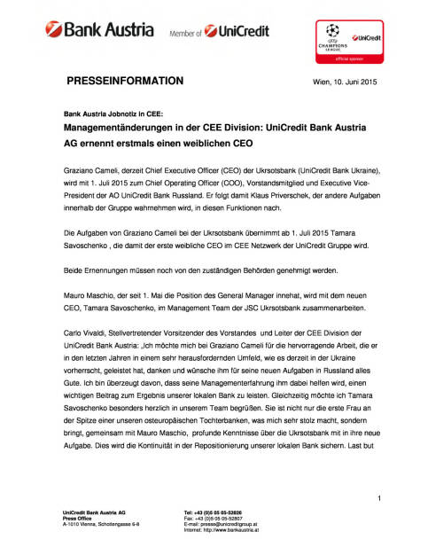UniCredit Bank Austria AG ernennt erstmals einen weiblichen CEO, Seite 1/2, komplettes Dokument unter http://boerse-social.com/static/uploads/file_115_unicredit_cee.pdf (10.06.2015) 